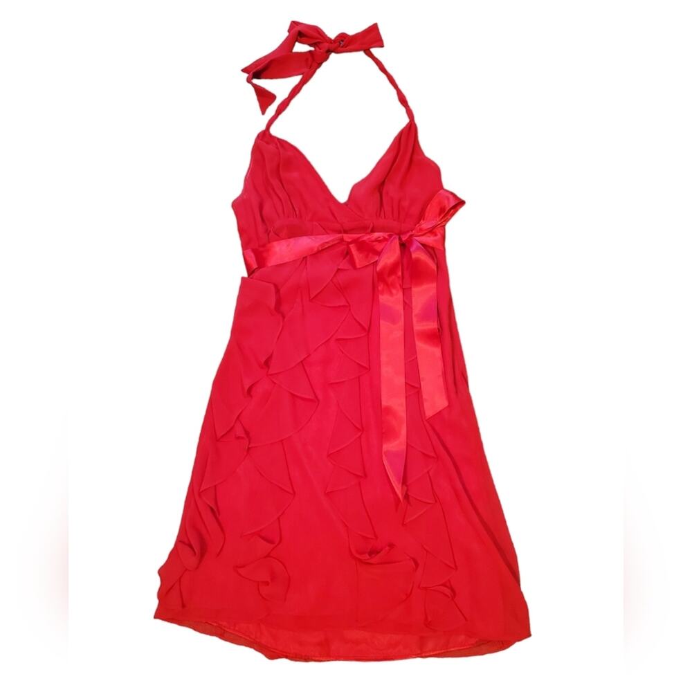 Eliza J Red Chiffon Halter Ruffle Mini Dress Belt Size 6